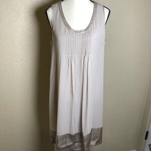 Gerard Darel Women Taupe 100% Silk Beaded Pintuck Shift Dress Size 38 US 6/8